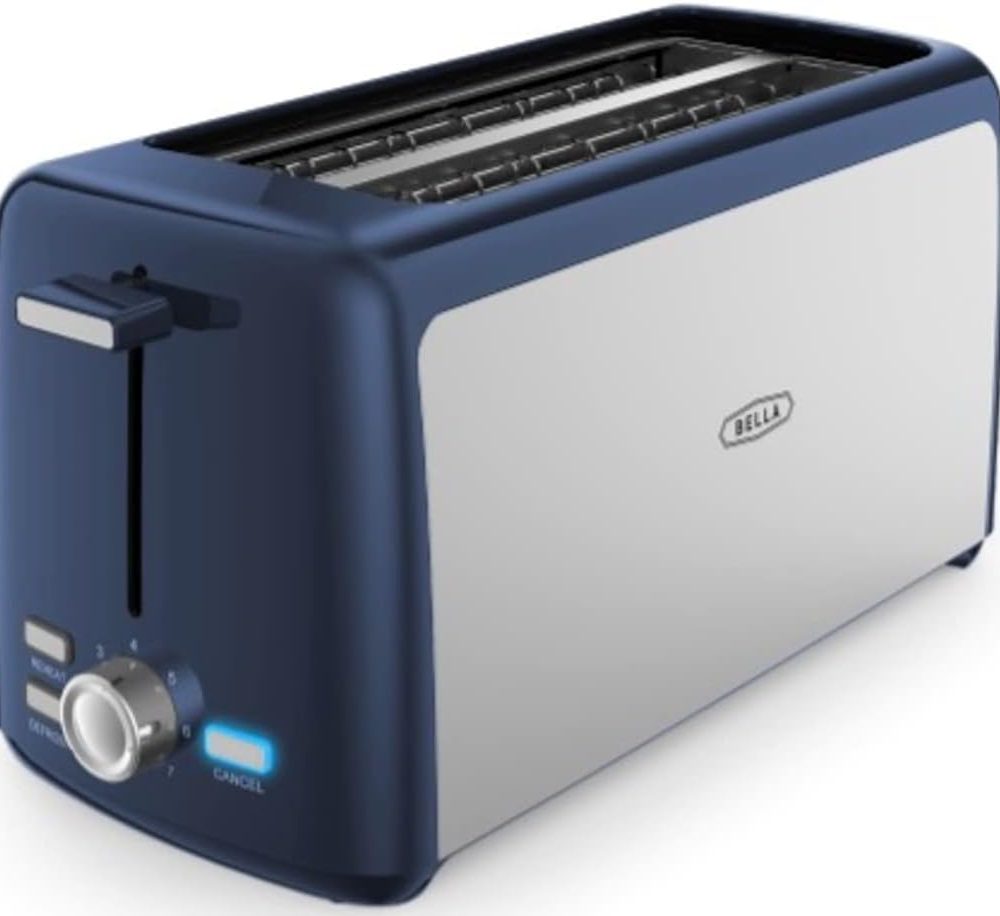BELLA 4 Slice Toaster, Long Slot & Removable Crumb Tray, 7 Shading Options with Auto Shut Off, Cancel & Reheat Button, Toast Bread & Bagel, Stainless Steel & Blue