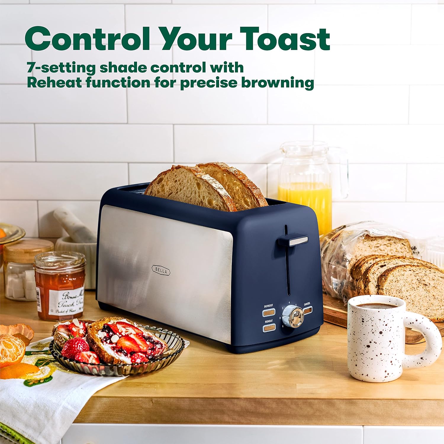 BELLA 4 Slice Toaster, Long Slot & Removable Crumb Tray, 7 Shading Options with Auto Shut Off, Cancel & Reheat Button, Toast Bread & Bagel, Stainless Steel & Blue - Image 4